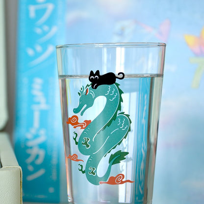 Dragon & Black Cat Tall Drinking Glass, cute cat illustration, chinese dragon year 2024. tall beer water drinking glasses