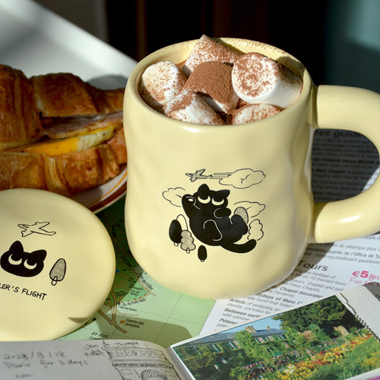 Black Cat's Travel Coffe Mug, Cream Color Mug, The mug's interior contains marshmallows and hot chocolate, while the rear contains kosher ham and eggs. Mug with Lid. Pawsome Gift for Cat Lovers