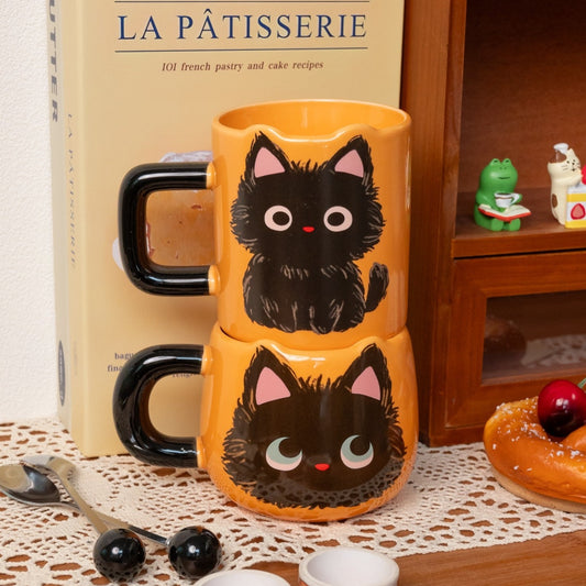 Love My Sweet Cat Coffee Mug, two orange ceramic coffee mug with cute fluffy black cat print, one just with the cute oversized cat head, and another one with the whole body