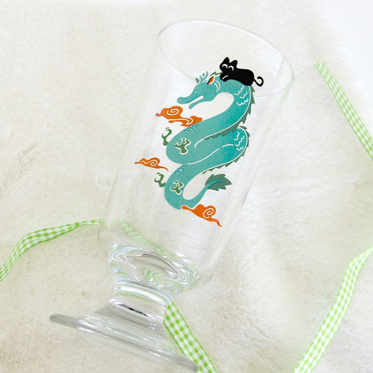 Dragon & Black Cat Tall Drinking Glass, cute cat illustration, chinese dragon year 2024. tall beer water drinking glasses