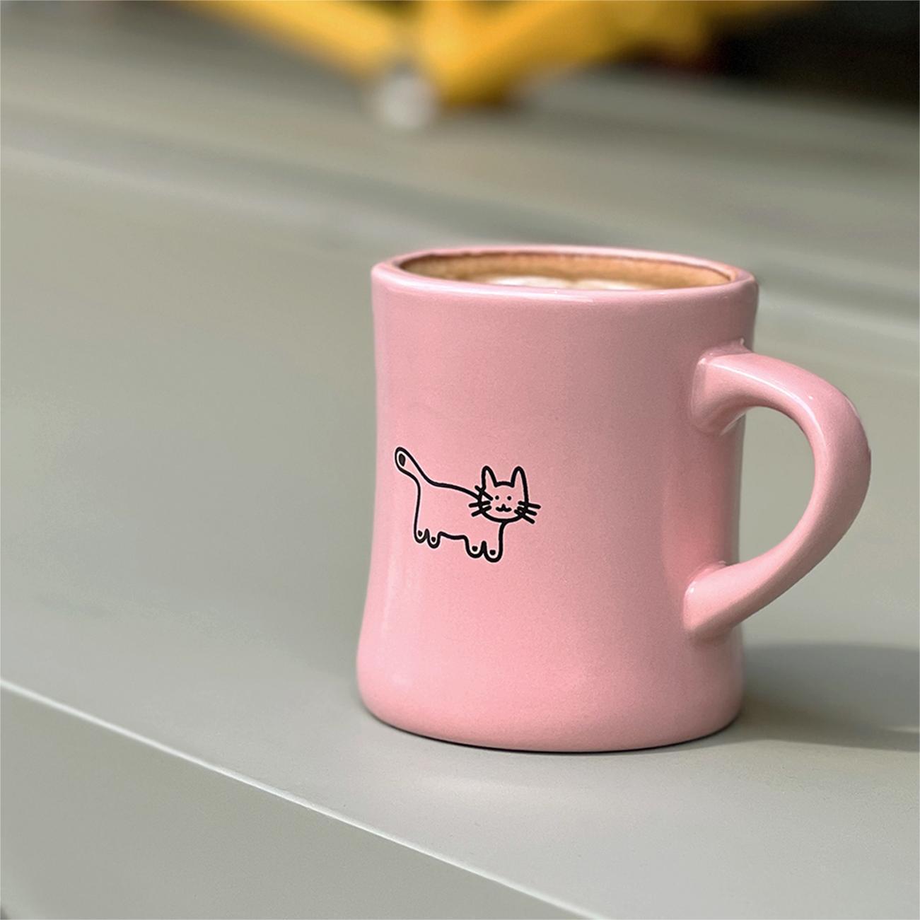 Aimer Pink Love Yourself Coffee Mug, cute cat illustration, with latte in it. Pawsome Gift for Cat Lovers and Cat Owners.