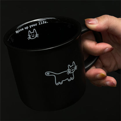 Spice Up Your Life Coffee Mug, Black Ceramic Coffee Mug, Cute Cat illustration Coffee Mug. Coffee Mug in Hand.
