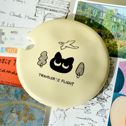 Black Cat's Travel Coffee Mug's Lid, Cute Black Cat illustration with trees and airplane.