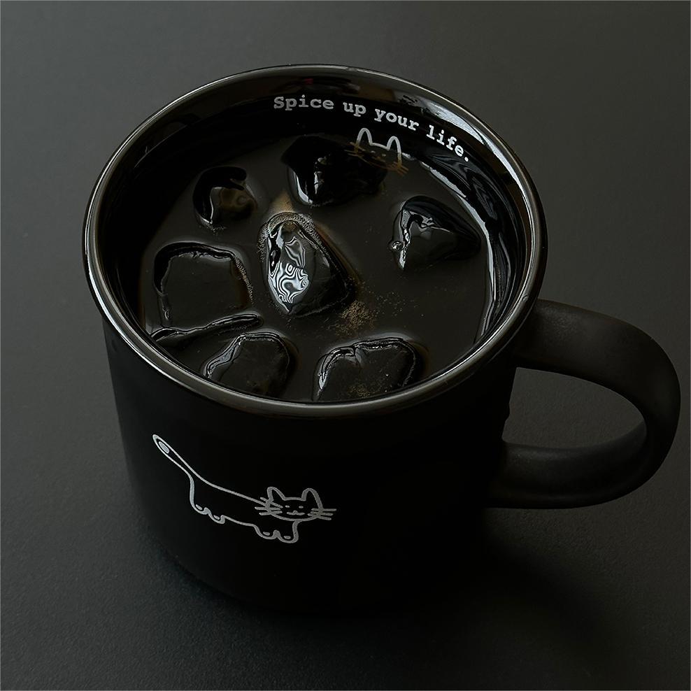 Spice Up Your Life Coffee Mug, Black Ceramic Coffee Mug, Cute Cat illustration Coffee Mug with ice coffee. 