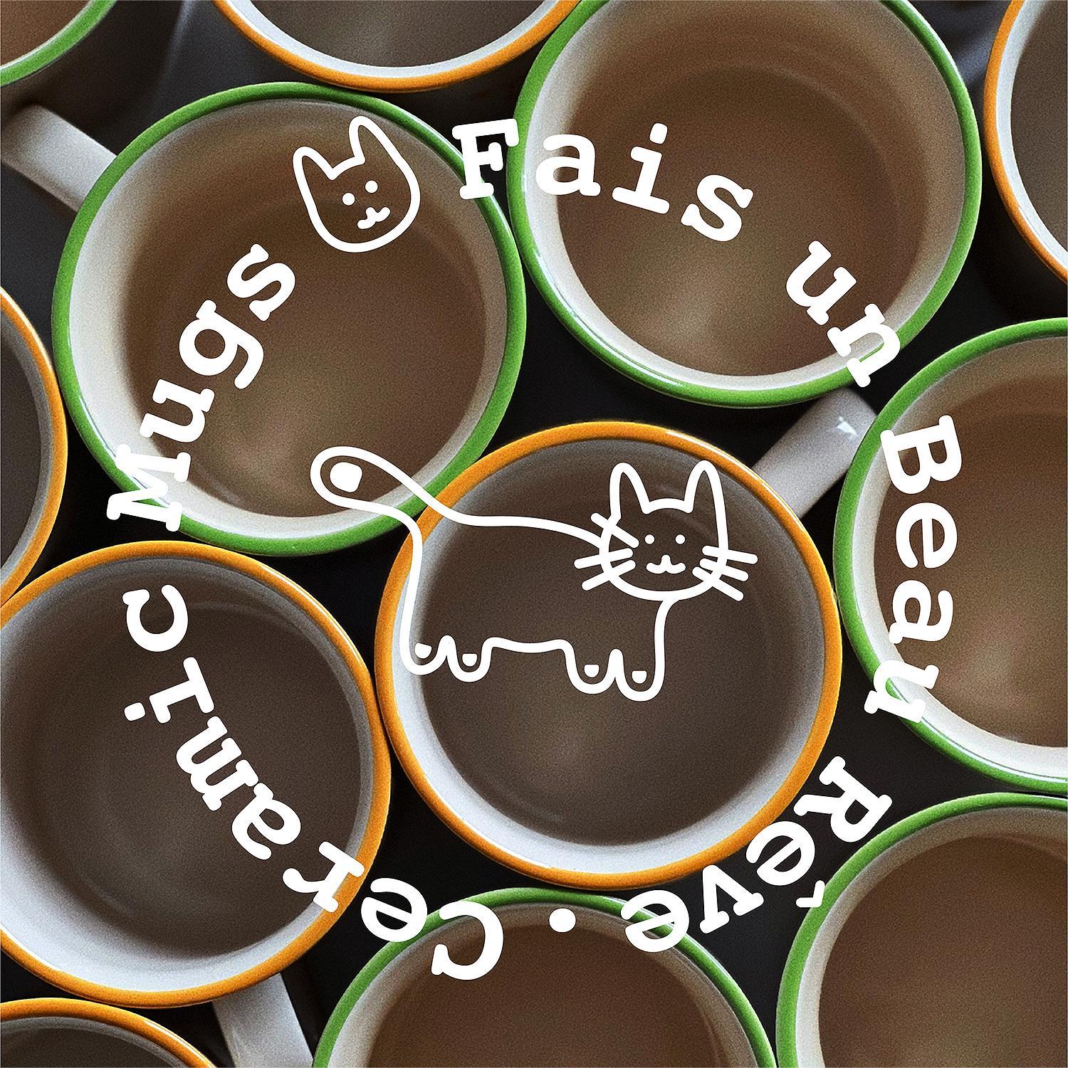 Fais un Beau Rêve Ceramic Coffee Mug with Cute Cat illustration Pattern, behind is the coffee mugs.
