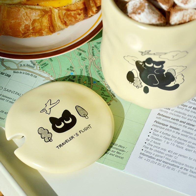 Black Cat's Travel Coffe Mug, Light Yellow Mug, The mug's interior contains marshmallows and hot chocolate, while the rear contains kosher ham and eggs. Mug with Lid. Pawsome Gift for Cat Lovers