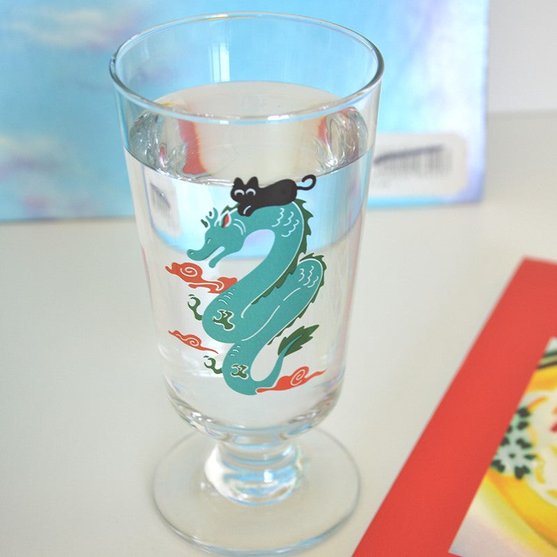 Dragon & Black Cat Tall Drinking Glass, cute cat illustration, chinese dragon year 2024. tall beer water drinking glasses