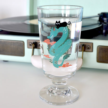 Dragon & Black Cat Tall Drinking Glass, cute cat illustration, chinese dragon year 2024. tall beer water drinking glasses