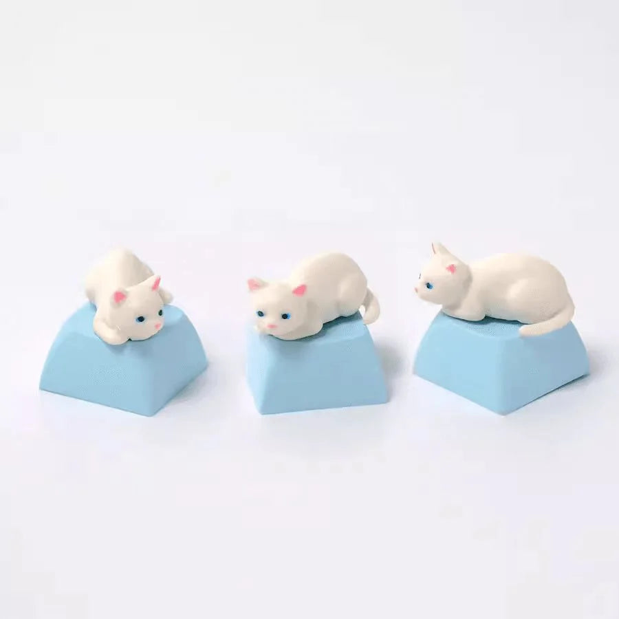 Blue Eyed White Cat Mechanical Keyboard Keycap in 3 Different Angles