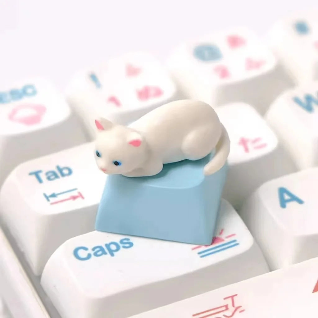 Blue Eyed White Cat Mechanical Keyboard Keycap on a Keyboard