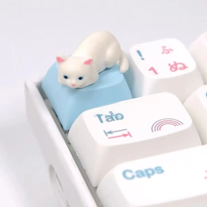 Blue Eyed White Cat Mechanical Keyboard Keycap on a Keyboard