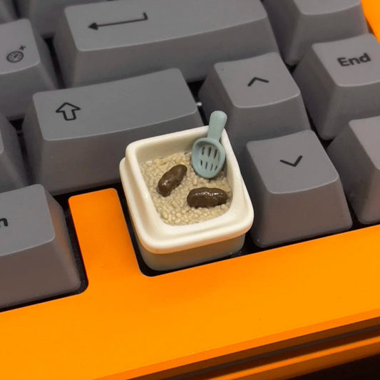 Fun Cat Litter Box Style Mechanical Keyboard Keycap, pawsome gift for cat owners. Cute White and grey cat litter with cat litter, cat litter scoop and cat shit.