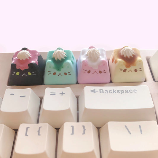 Handmade Cat Cupcake With Whipped Cream Frosting Mechanical Keyboard Keycap, Black Cat, Green Cat, Pink Cat, and Yellow Cat