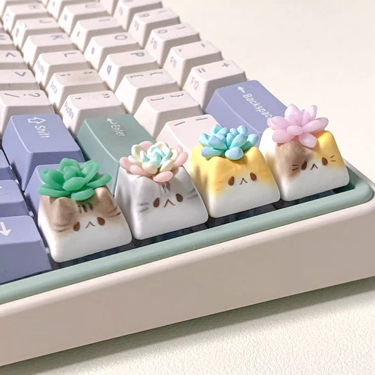 Handmade Succulents Cat Mechanical Keyboard Keycap, Tabby Cat, American Shorthair Cat, Ginger Cat, and Calico Cat