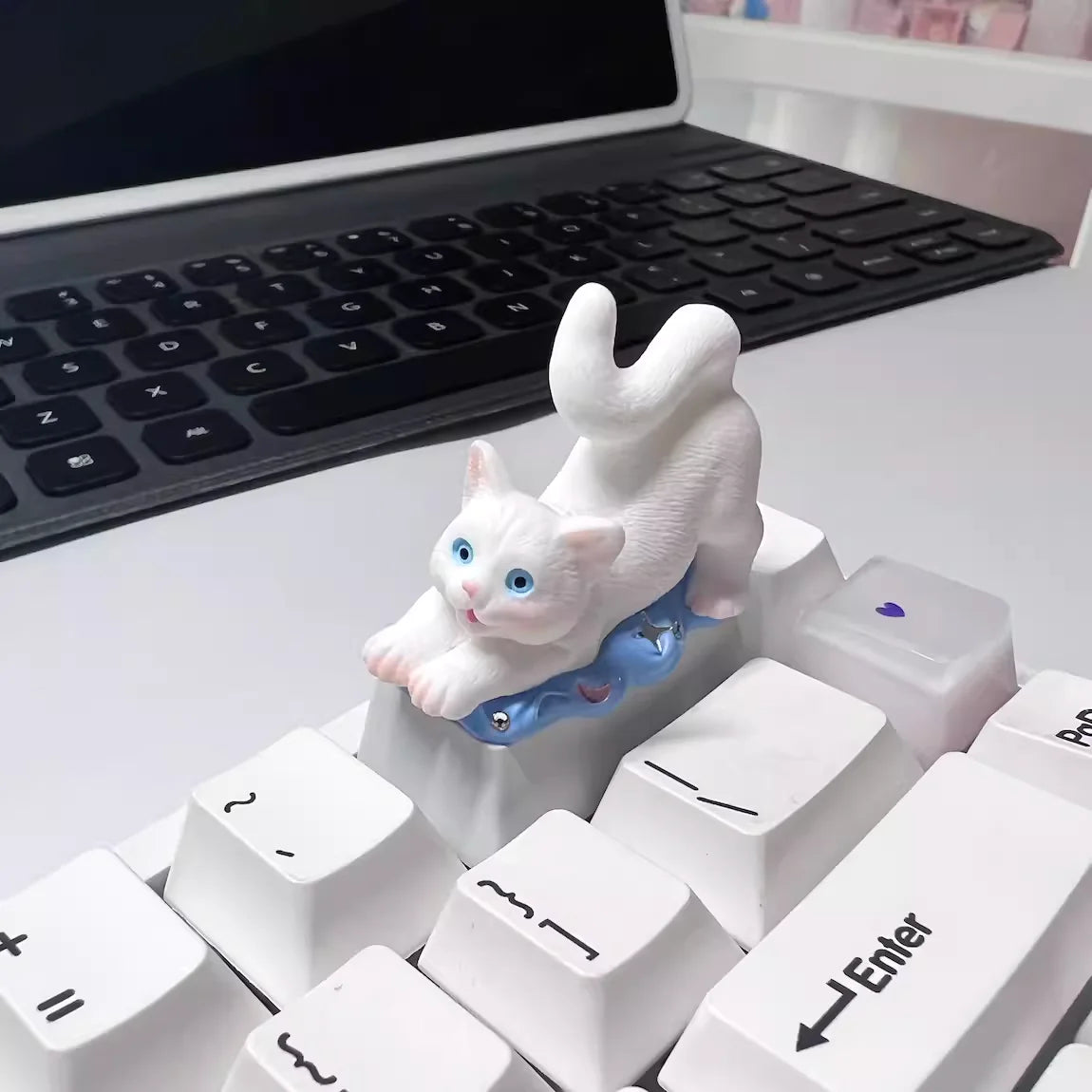 Handmade Cotton White Cat Mechanical Keyboard Backspace Keycap with a Blue Star and Moon & White Cap Base