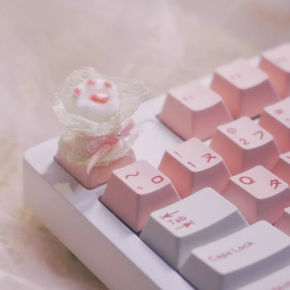 Handmade Wedding Cat Paw Mechanical Keyboard Keycap in Bouquet on a keyboard with other pink key caps in Japanese