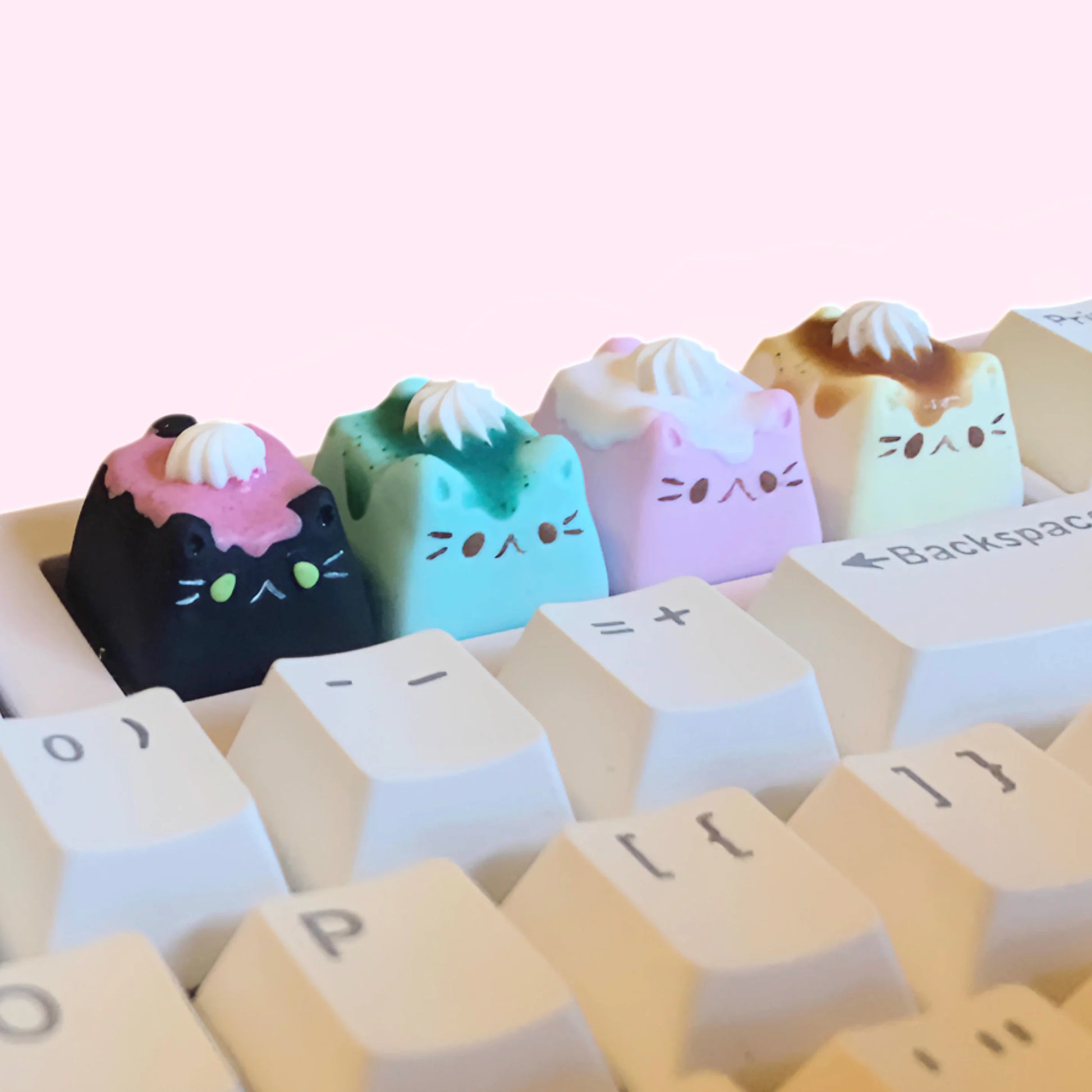 Handmade Cat Cupcake With Whipped Cream Frosting Mechanical Keyboard Keycap, Black Cat, Green Cat, Pink Cat, and Yellow Cat