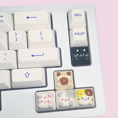 Handmade DSA Cat Mechanical Keyboard Keycap, White Cat, Tabby Cat, Calico Cat, and Siamese cat as arrow keycaps, and Black Cat on a White Keyboard