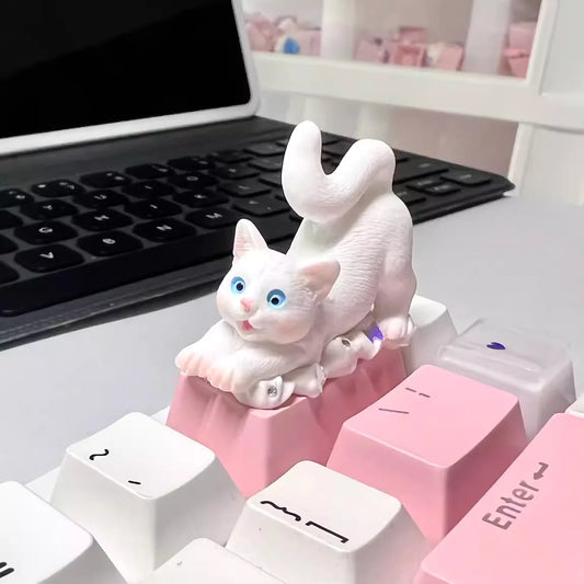 Handmade Cotton White Cat Mechanical Keyboard Backspace Keycap with a White Cloud & Pink Cap Base