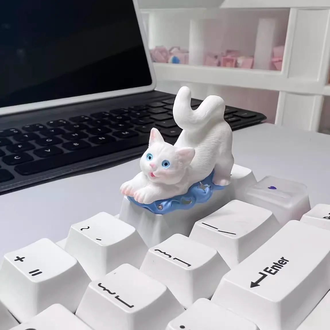 Handmade Cotton White Cat Mechanical Keyboard Backspace Keycap with a Blue Star and Moon & White Cap Base