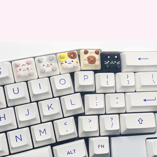 Handmade DSA Cat Mechanical Keyboard Keycap, White Cat, Tabby Cat, Calico Cat, Siamese cat, and Black Cat on a White Keyboard