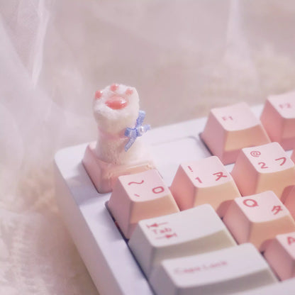 Handmade Wedding Cat Paw Mechanical Keyboard Keycap in Bowknot on a keyboard with other pink key caps in Japanese