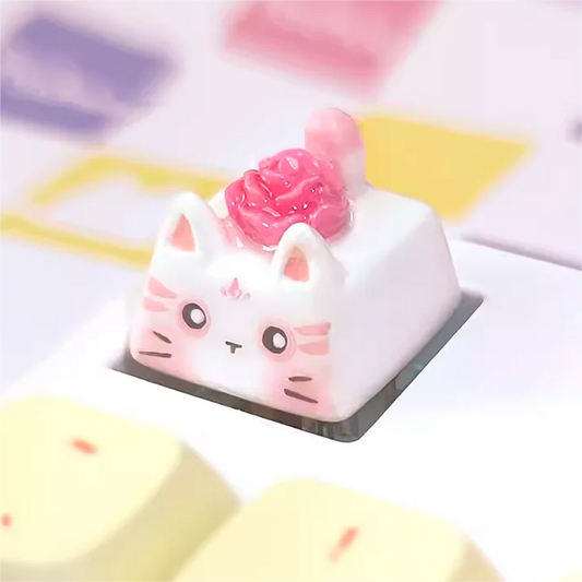 3D Printing Rose Cat Mechanical Keyboard Keycap, A White Cat Key Cap with A Pink Rose on the Back