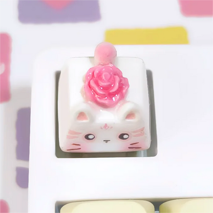 3D Printing Rose Cat Mechanical Keyboard Keycap, A White Cat Key Cap with A Pink Rose on the Back