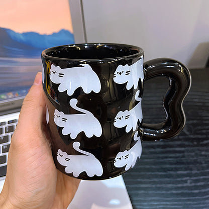 Black Cat Forever Ceramic Coffee Mug,The unique cat tail handle adds a fun touch to your morning routine. Black Mug with White Cat