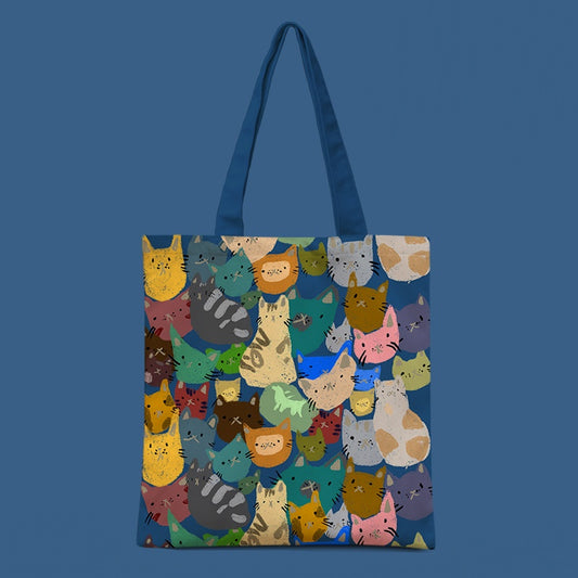 Cat Paradise Canvas Shoulder Tote, playful dark blue design filled with cute cats. Eco-friendly Canvas Shopping Tote