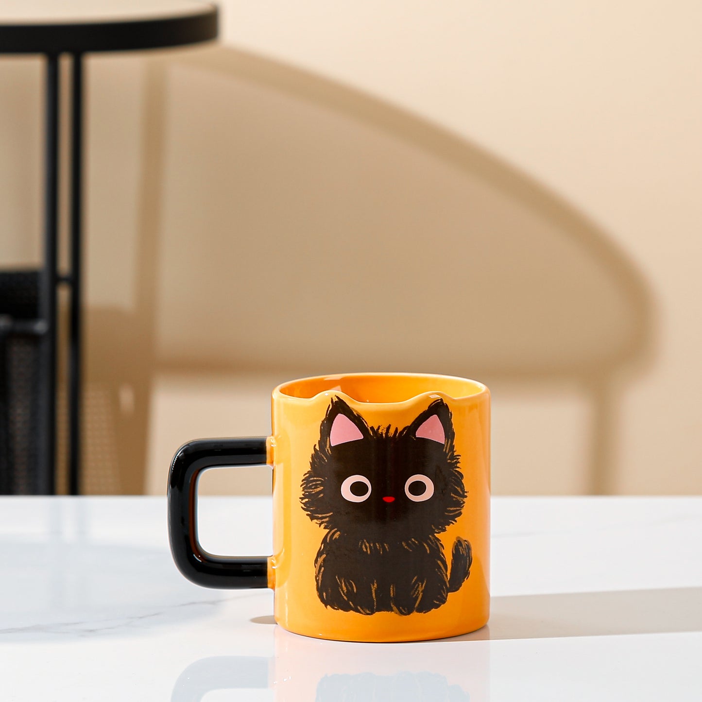 Love My Sweet Cat Coffee Mug, Orange Mug with Cute Fluffy Black Cat Print, Handmade Coffee Mug on the Table