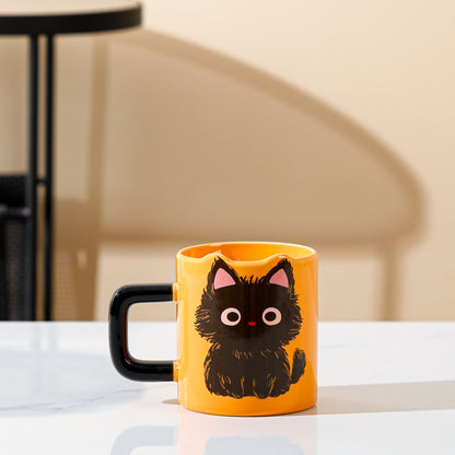 Love My Sweet Cat Coffee Mug, Orange Mug with Cute Fluffy Black Cat Print, Handmade Coffee Mug on the Table