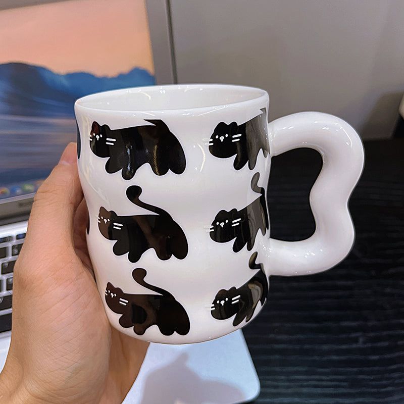 Black Cat Forever Ceramic Coffee Mug,The unique cat tail handle adds a fun touch to your morning routine. White Mug with Black Cat