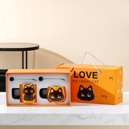 Love My Sweet Cat Coffee Mug, two orange ceramic coffee mug with cute fluffy black cat print, one just with the cute oversized cat head, and another one with the whole body, the mugs are all well packaged in the cute box.