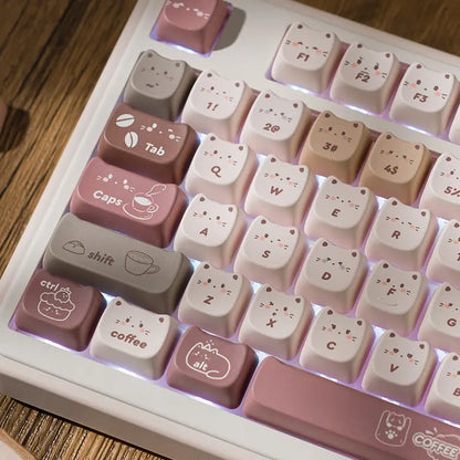 Close up of premium PBT dye-sub Coffee Kitty keycaps showing pastry and coffee cup designs.