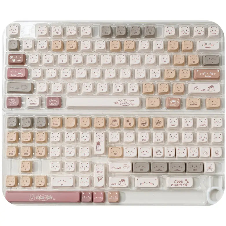 Full 132-key layout for the Coffee Kitty Meow Keycap Set in a clear storage tray.