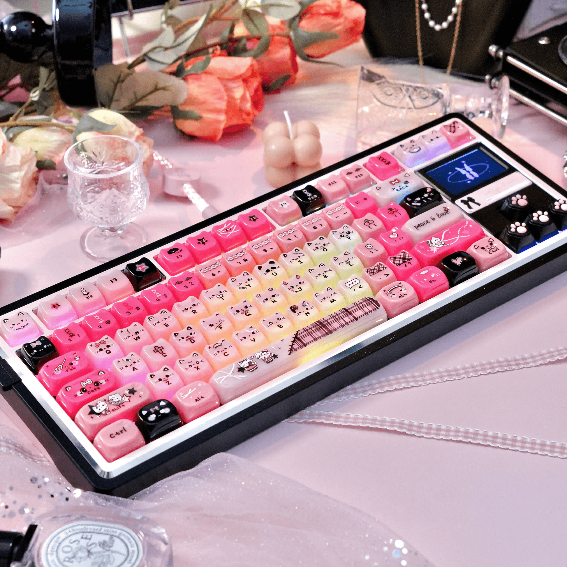 Chunky MAO profile pink cat ear keycaps for a kawaii gaming girl desk setup.