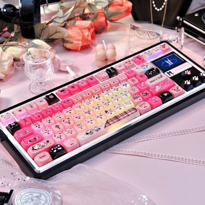 Chunky MAO profile pink cat ear keycaps for a kawaii gaming girl desk setup.