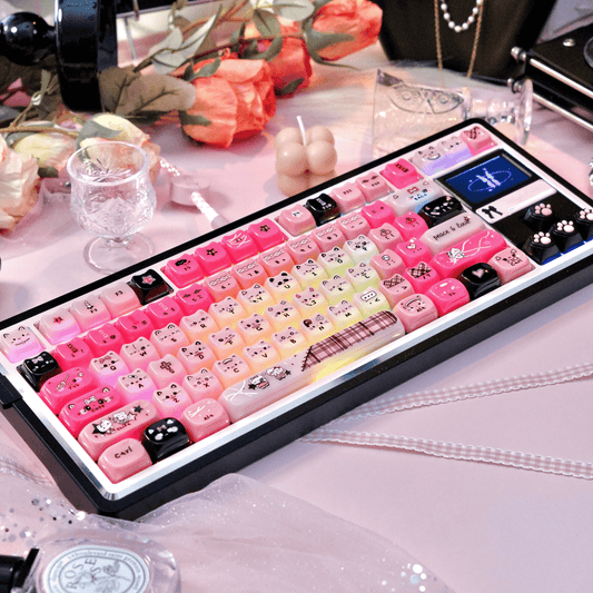 Chunky MAO profile pink cat ear keycaps for a kawaii gaming girl desk setup.