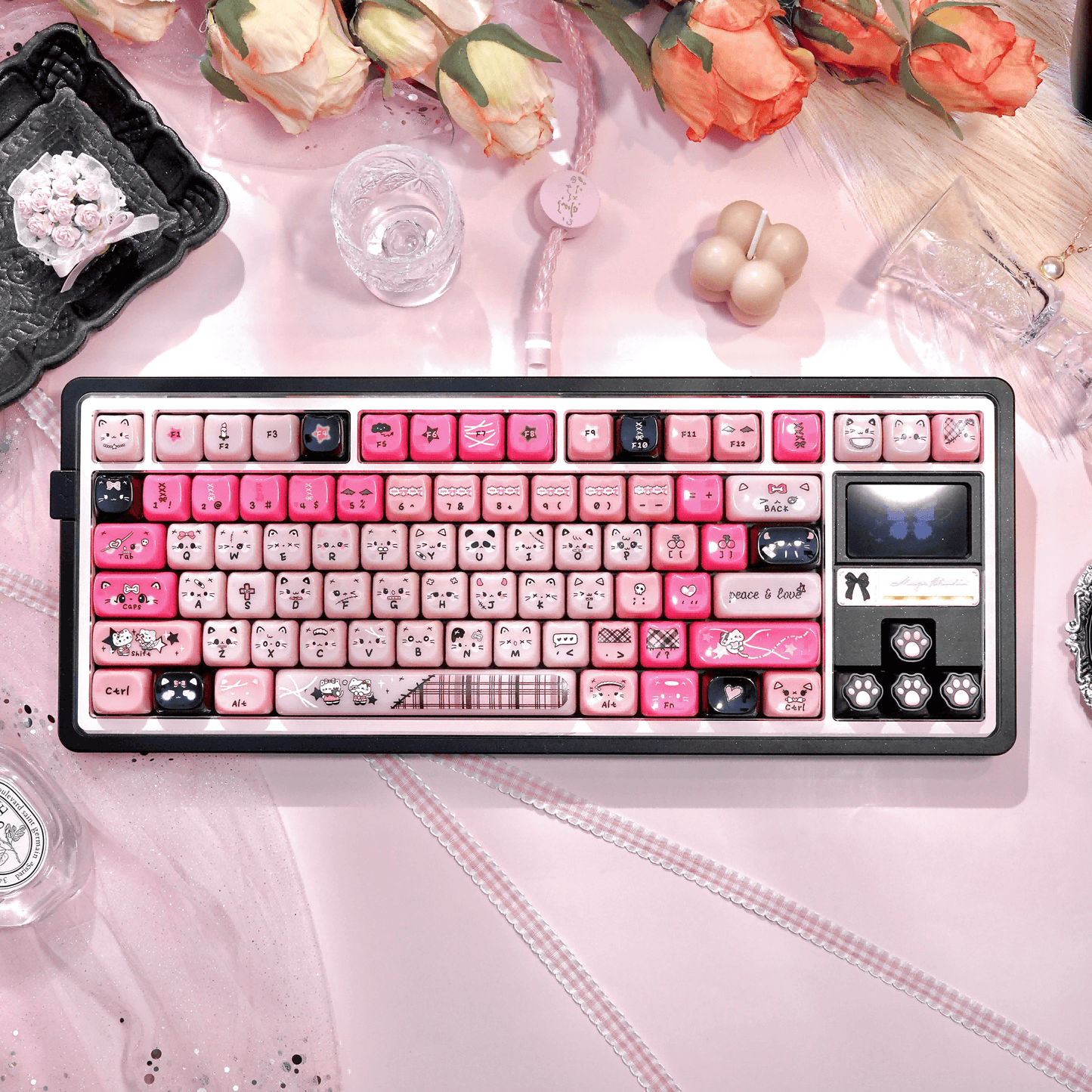 Cute pink mechanical keyboard setup featuring MAO profile cat ear keycaps.