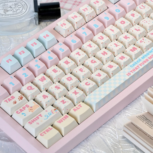 Kawaii cat party keycap set in pastel macaron colors, 140 keys for mechanical keyboards