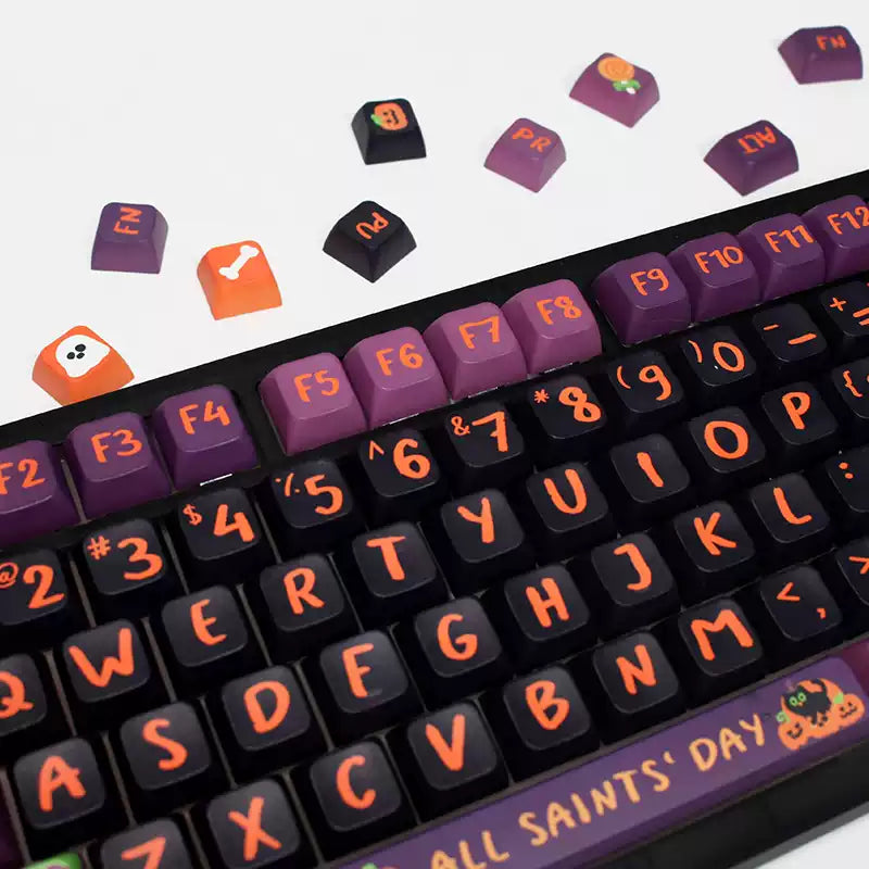 Halloween-themed keycap set with spooky black cat designs, great for gaming keyboards.
