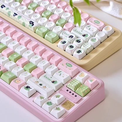 Cute black cat-themed keycaps in pink and green for mechanical keyboards
