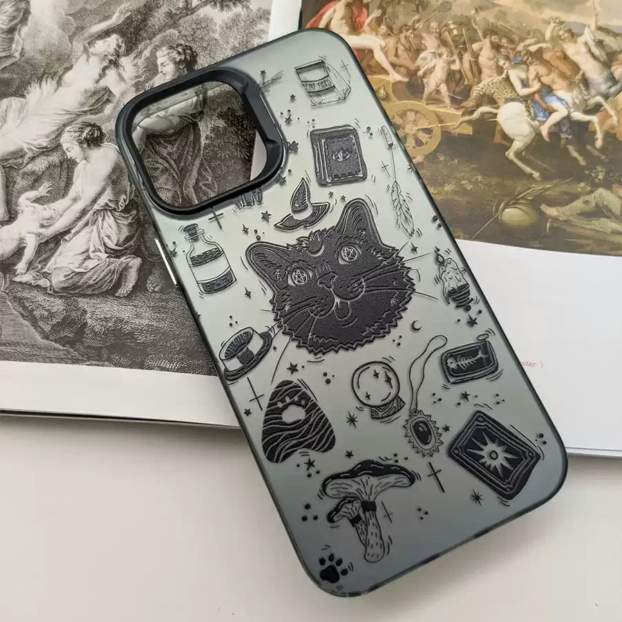 Magical black cat phone case with tarot cards and silver metallic design – Whiskers & Wonders, a mystical gift for cat lovers, available at Cat Lady's Find.