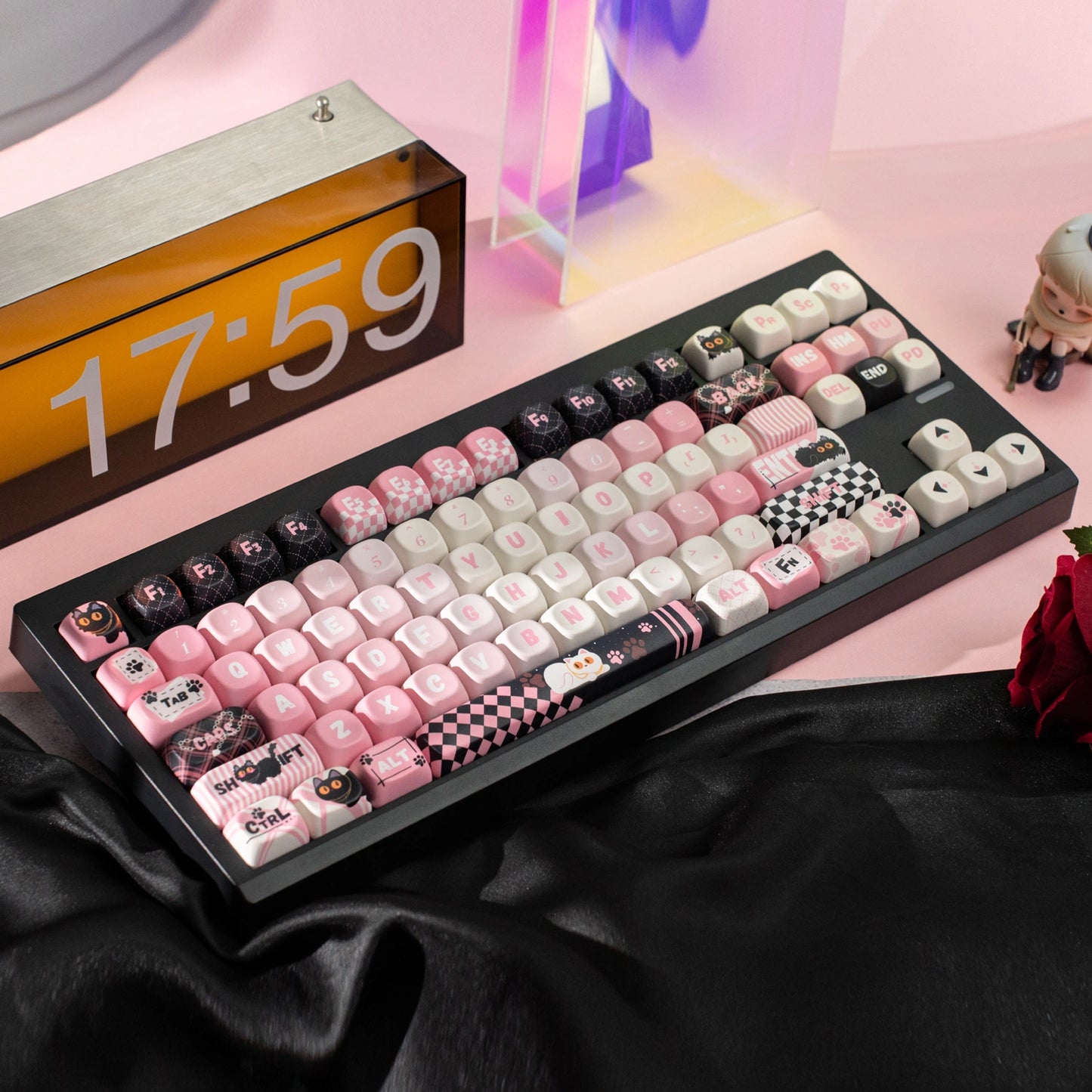 Black and pink checkerboard keycap set featuring a playful black cat, perfect for gamer girls.
