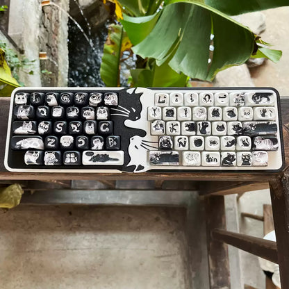 Black and white cat keycap set featuring the Tai Chi Kitty design, perfect for mechanical keyboard customization – a fun gift for gamer girls and cat lovers from Cat Lady's Find.