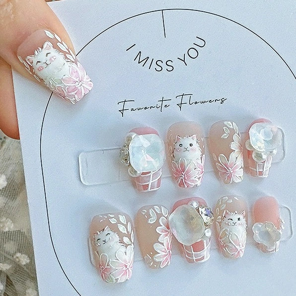 Blossom Paws handmade pink press-on nails with cute white cat and floral art, perfect gift for cat lovers