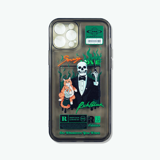 Bonefire Buddy phone case featuring a skeleton assassin holding an orange cat with green flames in the background – a gothic and cute Halloween gift for cat lovers, exclusively from Cat Lady's Find.