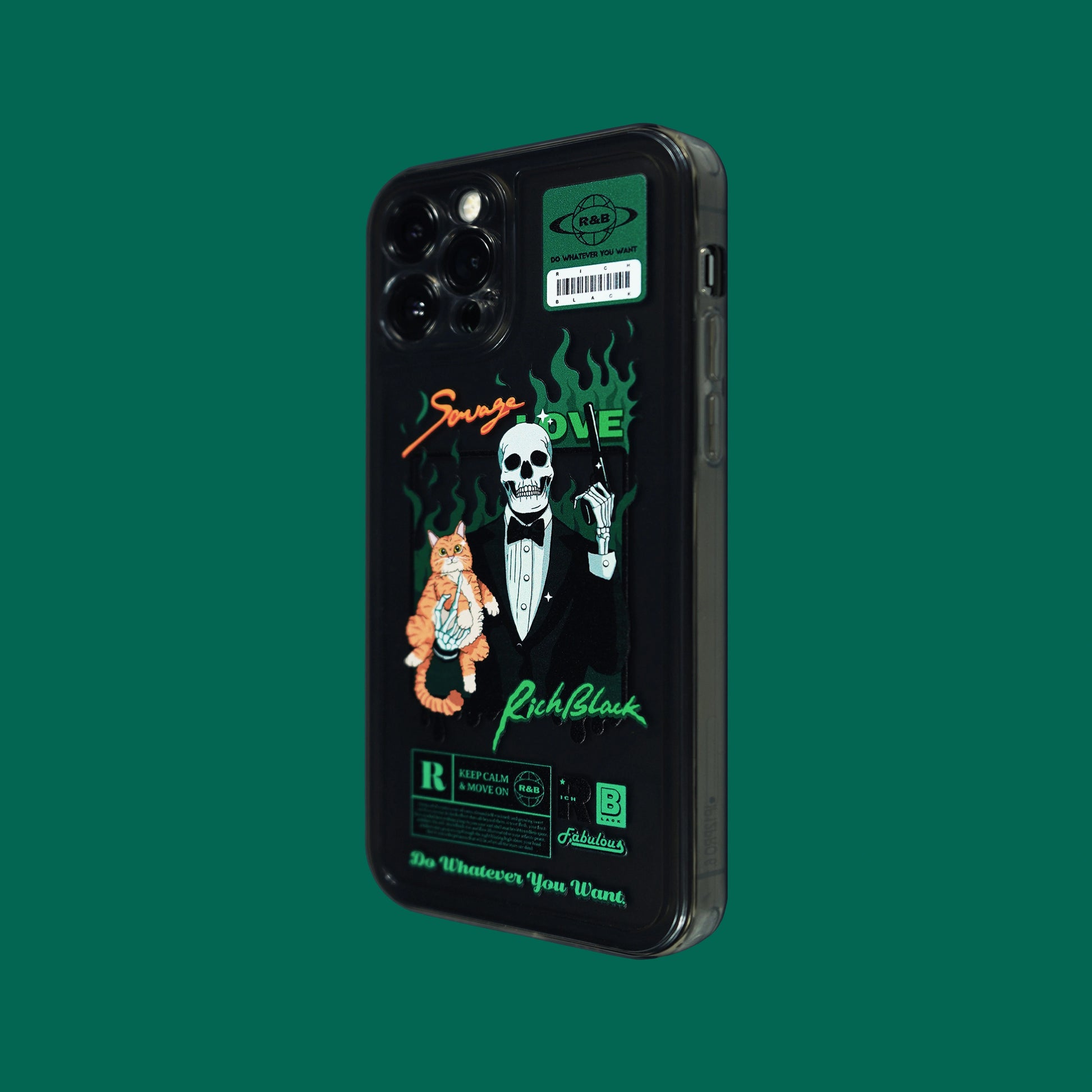 Spooky meets cute in the Bonefire Buddy phone case! A skeleton assassin holding an orange cat with glowing green flames – the ultimate gothic Halloween gift for quirky cat lovers, from Cat Lady's Find.