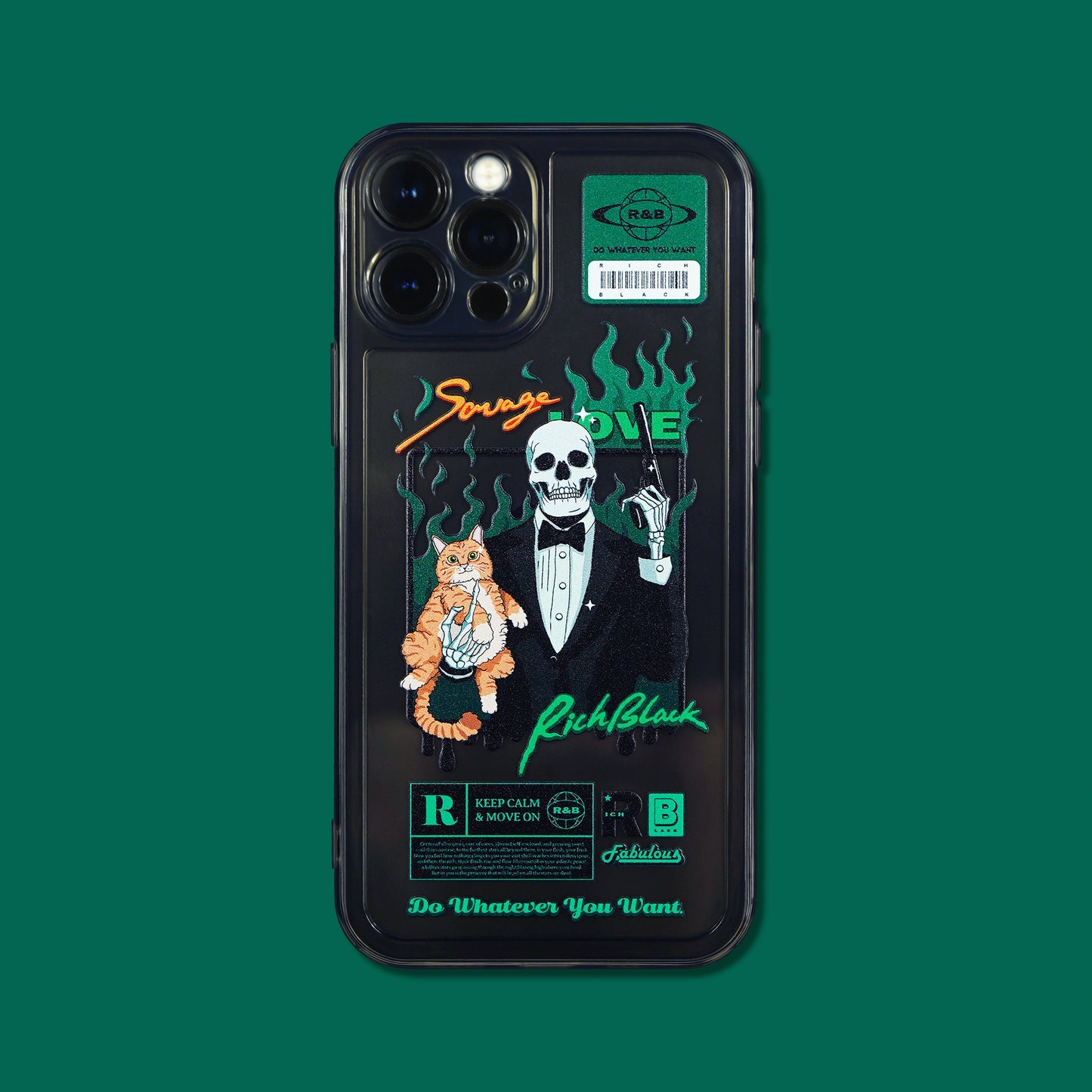 Bonefire Buddy phone case with a skeleton assassin holding a cute orange cat, surrounded by eerie green flames – the perfect blend of gothic and adorable for Halloween, by Cat Lady's Find.